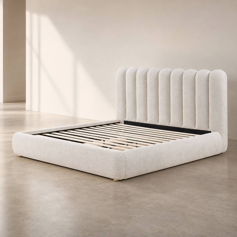 B3-B001 upholstered bed frame with channel tufted headboard in ivory fabric