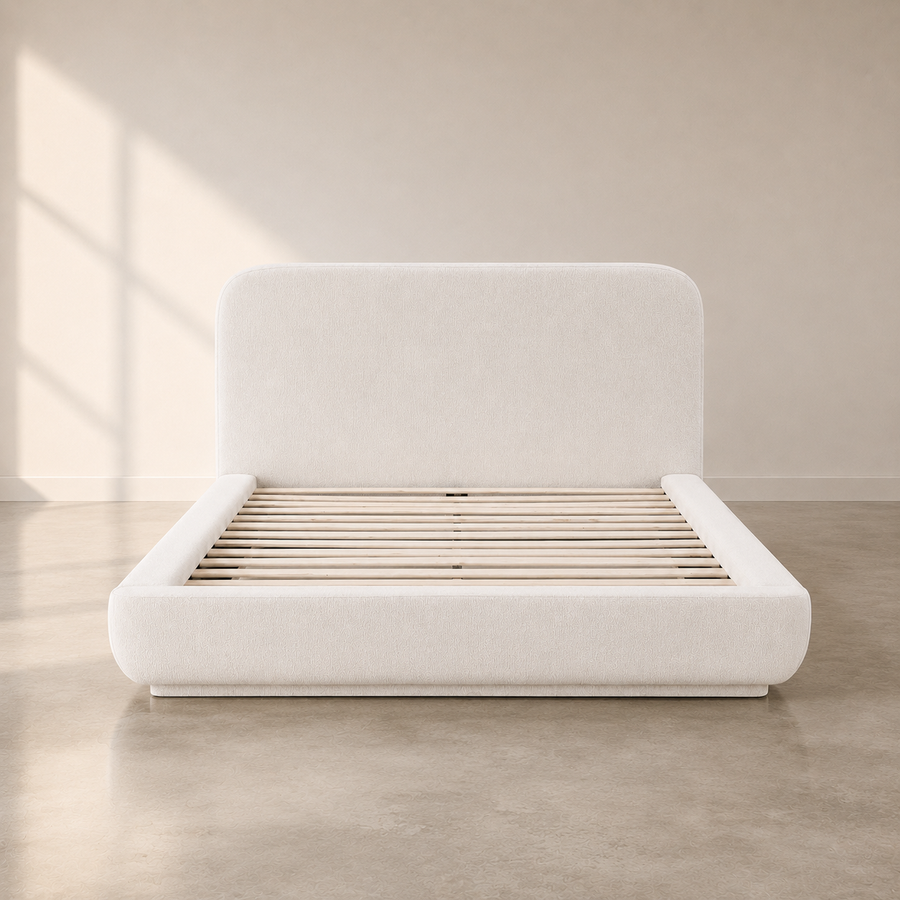 B3-B002 upholstered bed frame with curved headboard in ivory fabric