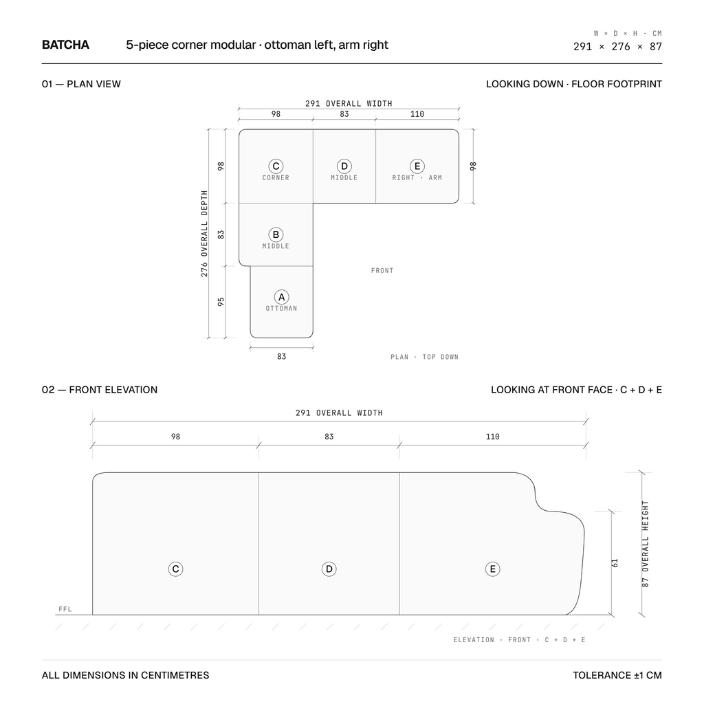 B2-S001 five piece corner modular sofa with left facing ottoman. Plan view and front elevation with dimensions, 291 x 276 x 87 cm.