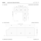 B2-S001 five piece corner modular sofa with right facing ottoman. Plan view and front elevation with dimensions, 291 x 276 x 87 cm.