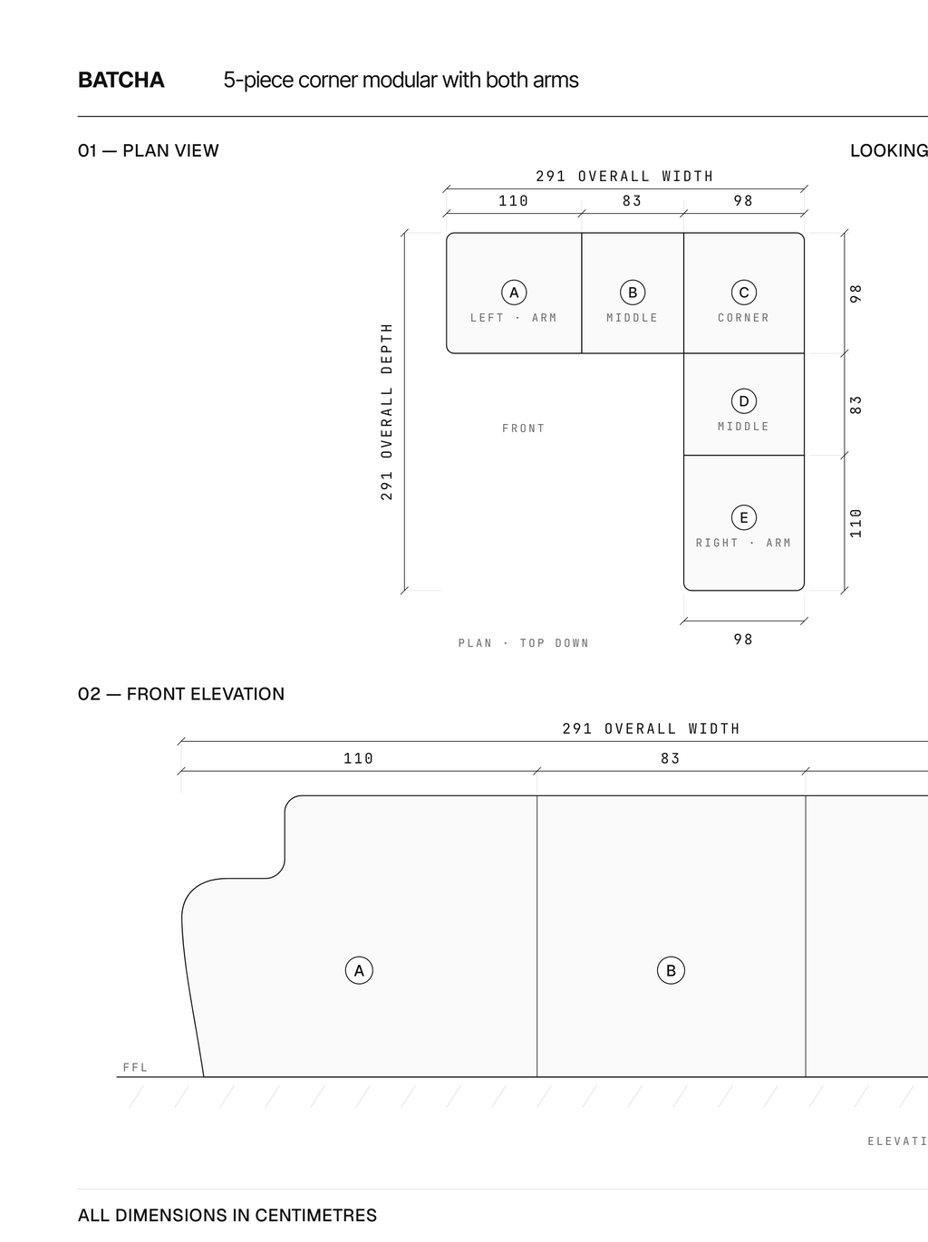 B2-S001 five piece corner modular sofa with both arms. Plan view and front elevation with dimensions, 291 x 291 x 87 cm.