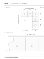 B2-S001 five piece corner modular sofa with both arms. Plan view and front elevation with dimensions, 291 x 291 x 87 cm.
