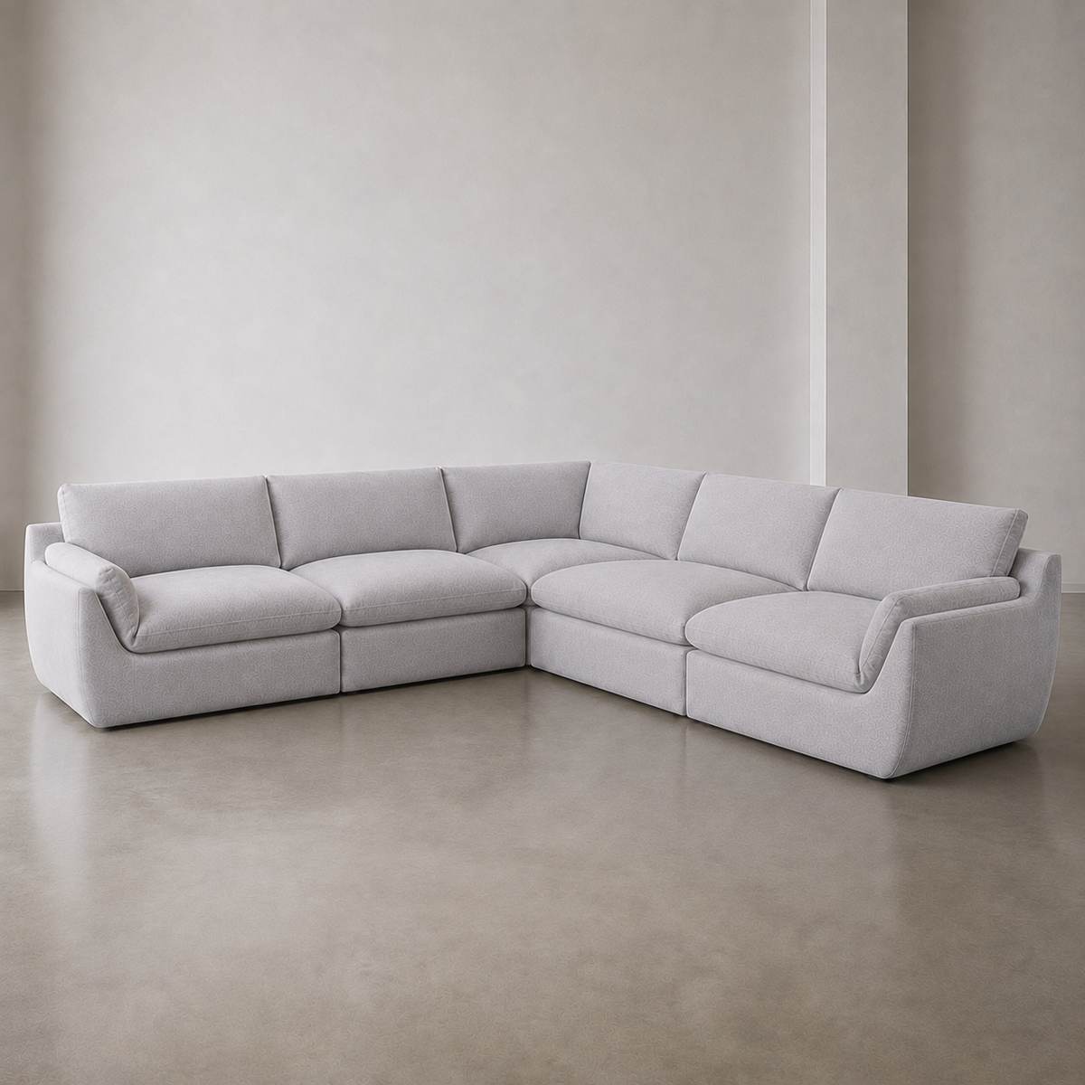B2-S001 five piece corner modular sofa in light grey linen, both arms, front view.