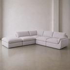 B2-S001 five piece corner modular sofa in light grey linen, left facing ottoman, front view.