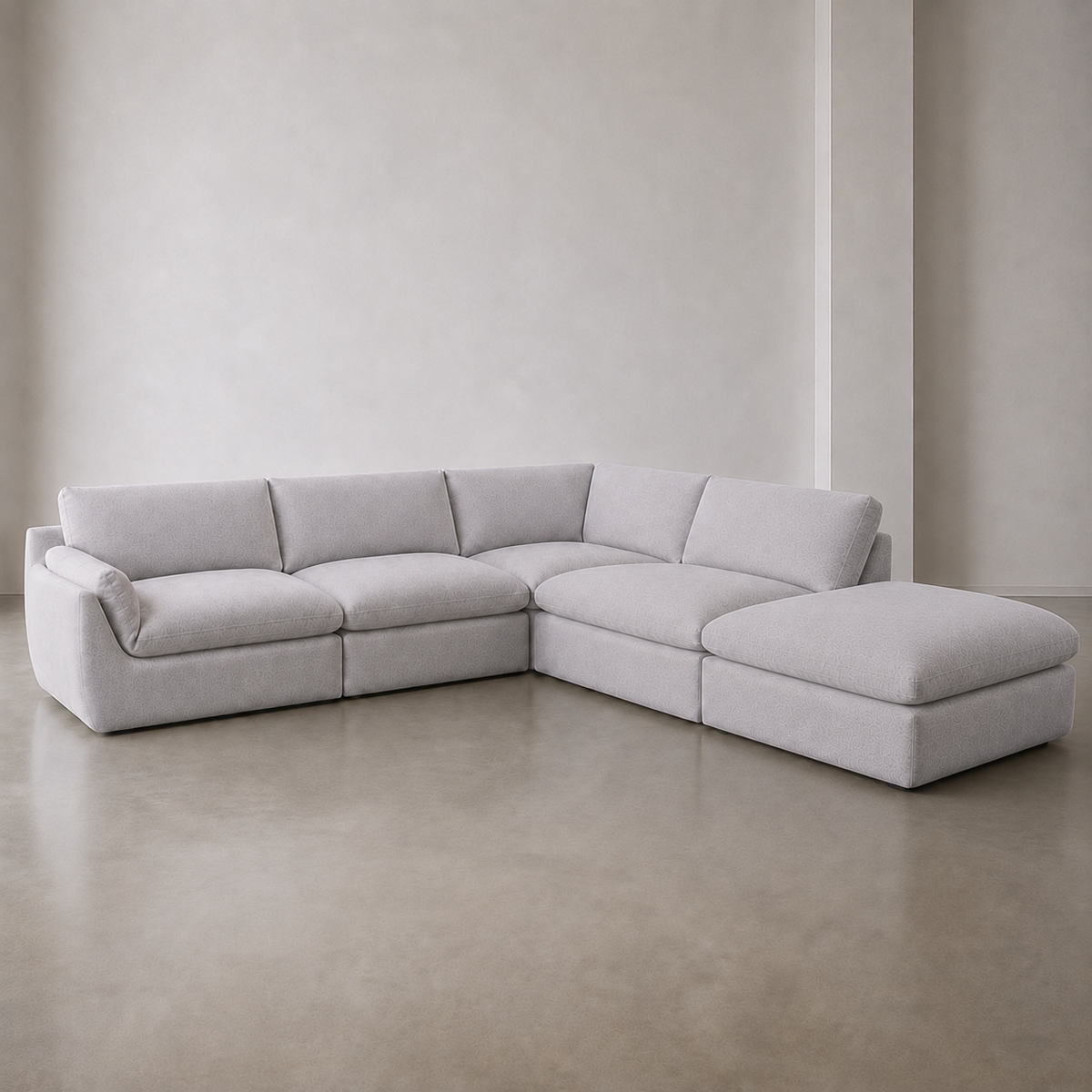 B2-S001 five piece corner modular sofa in light grey linen, right facing ottoman, front view.