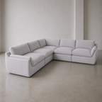 B2-S001 five piece corner modular sofa in light grey linen, both arms, three quarter view.