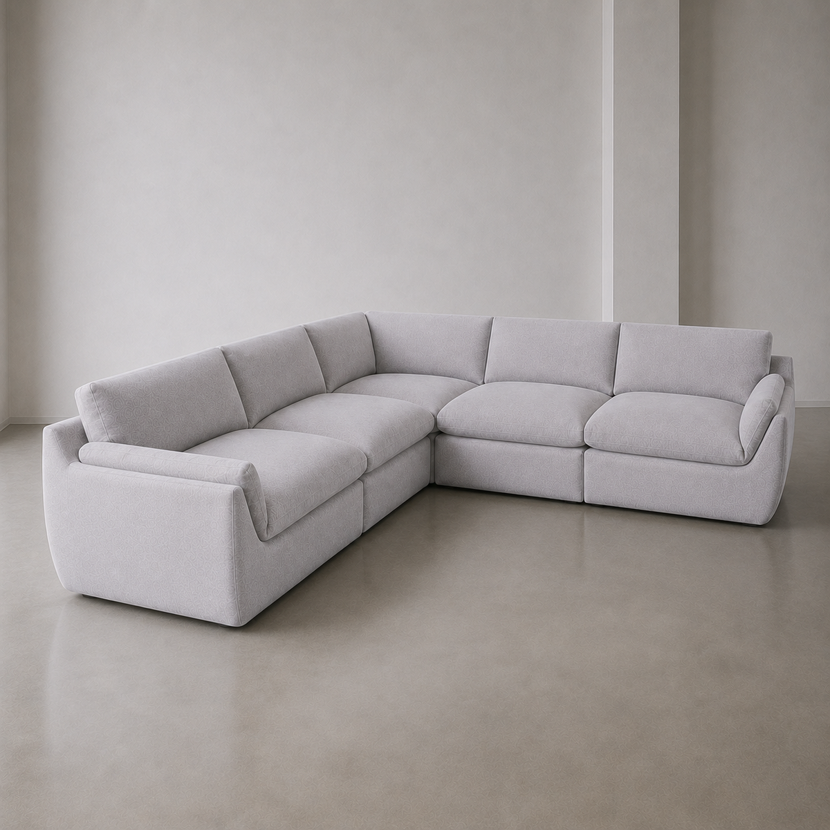 B2-S001 five piece corner modular sofa in light grey linen, both arms, three quarter view.