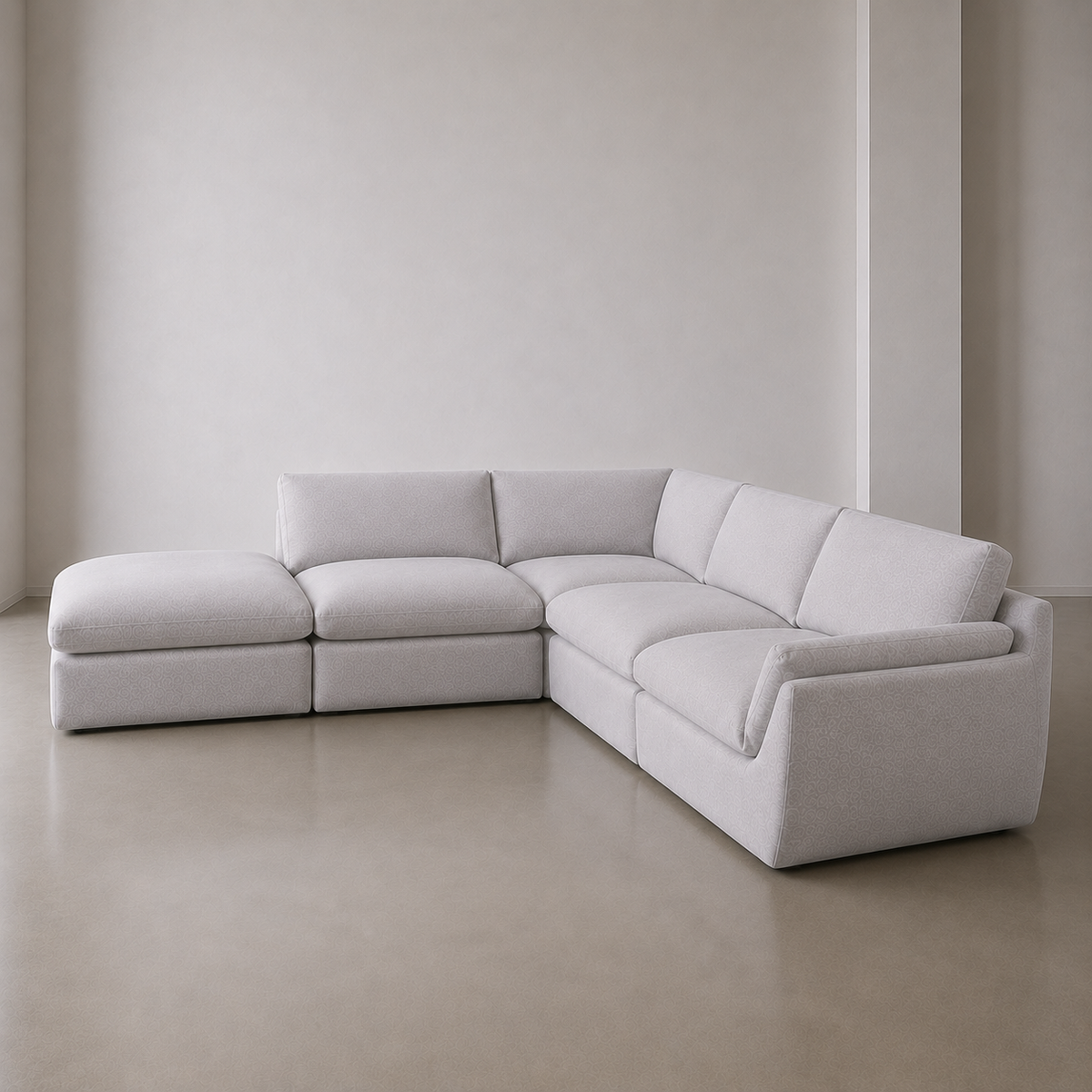 B2-S001 five piece corner modular sofa in light grey linen, left facing ottoman, three quarter view.