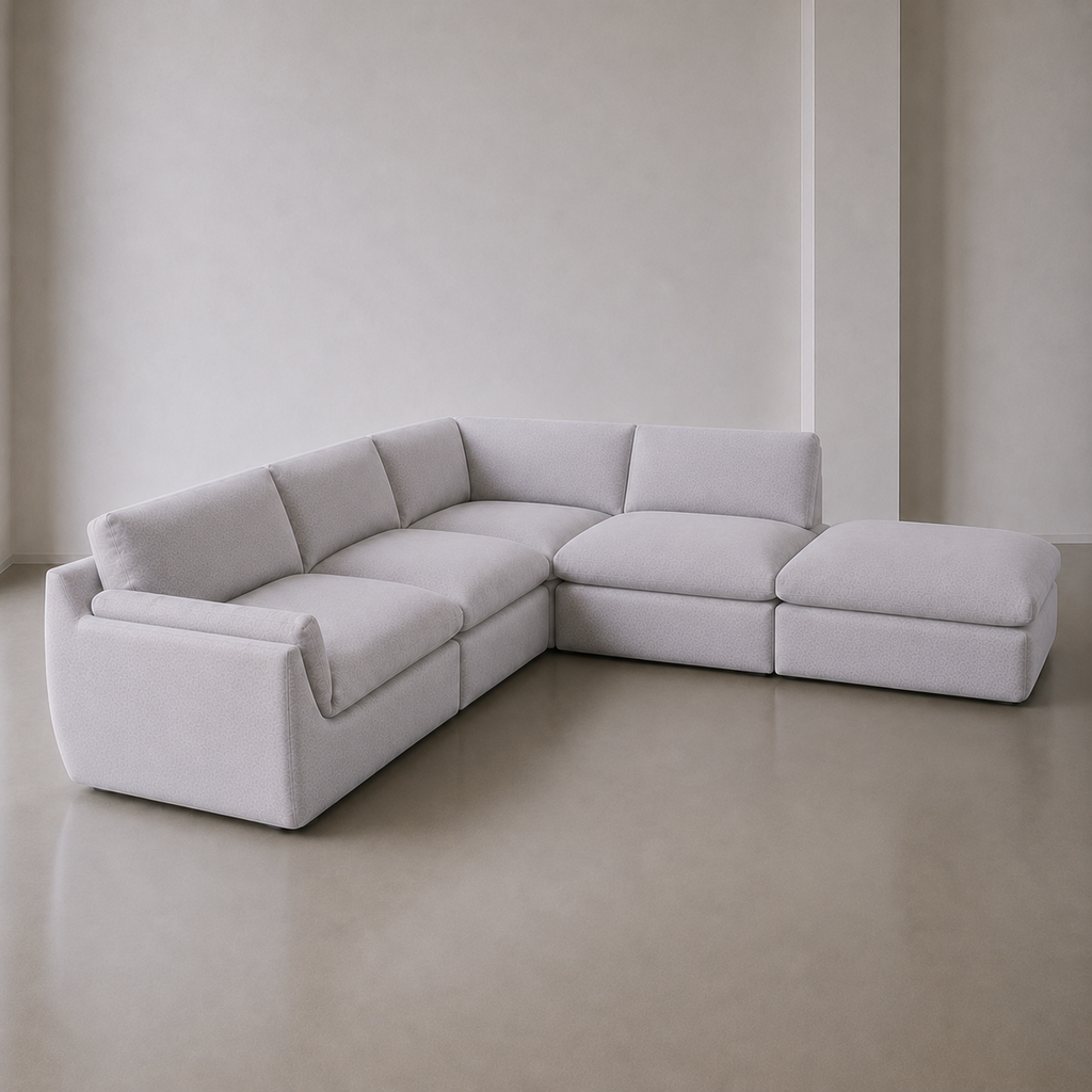 B2-S001 five piece corner modular sofa in light grey linen, right facing ottoman, three quarter view.