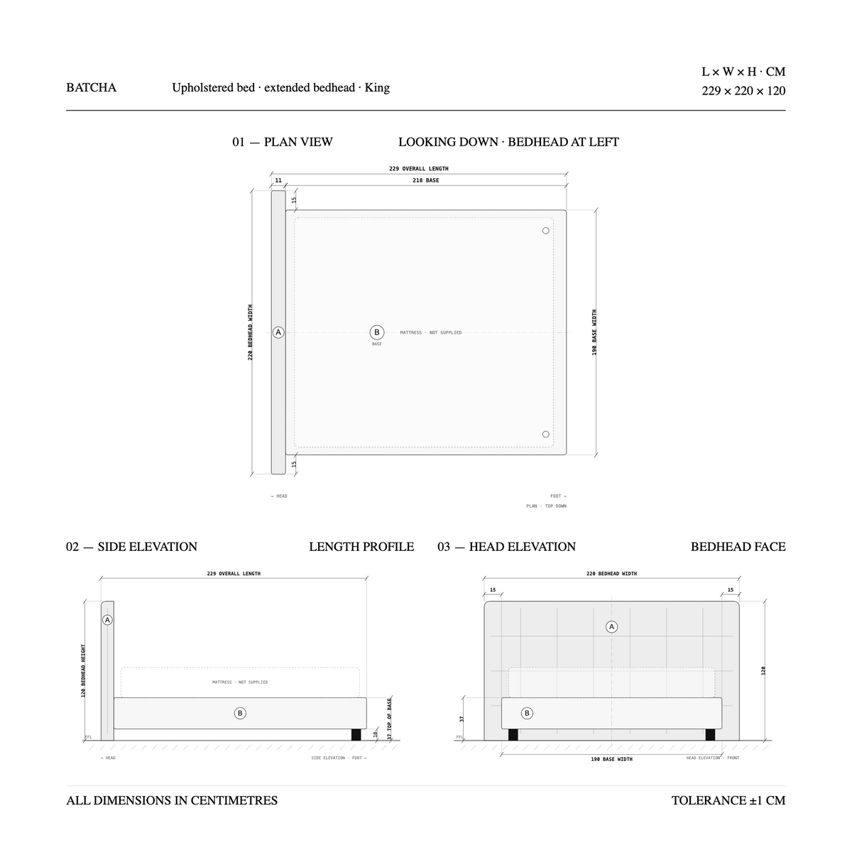 B1-B001 upholstered bed in king with extended bedhead. Plan view and front elevation with dimensions, 229 x 220 x 120 cm.