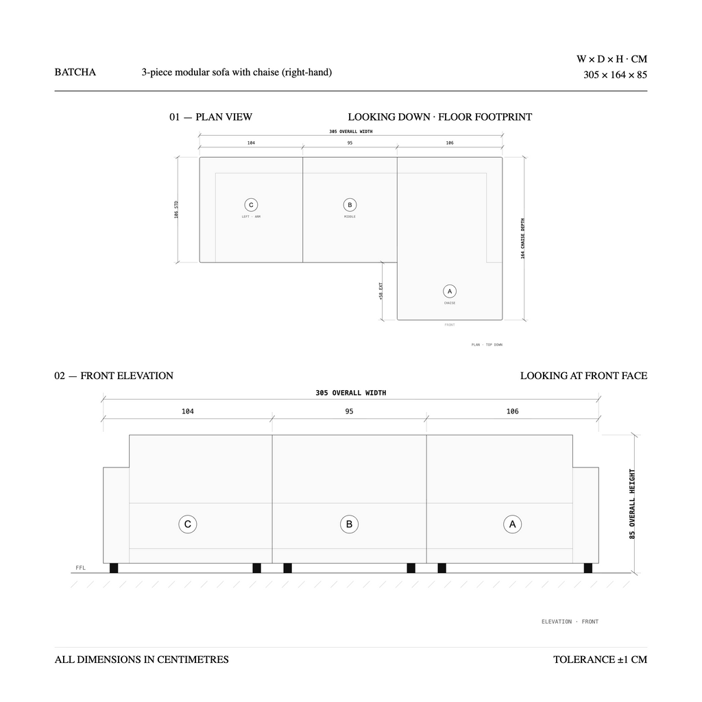 B1-S001 mid-century modern sectional sofa with right facing chaise. Plan view and front elevation with dimensions, 305 x 164 x 85 cm.